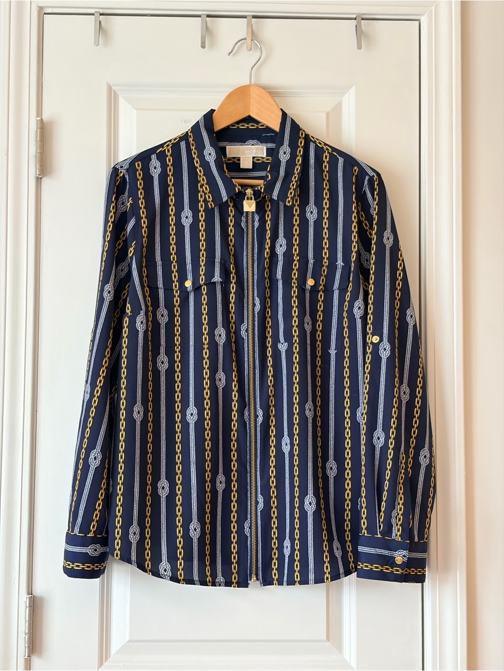 Michael Kors Navy Blue and Gold Chain Print Zip- Up Blouse